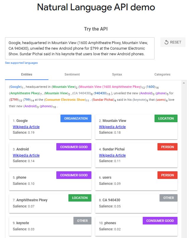 Google Natural Language API Demo